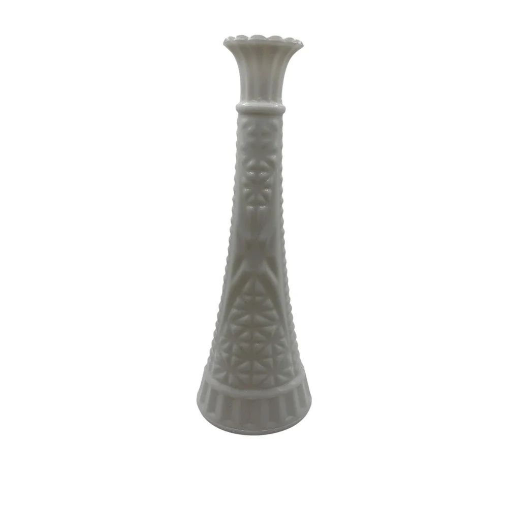 Vintage Milk Glass Bud Vase Geometric Pattern Textured Floral Rim 9 Inch